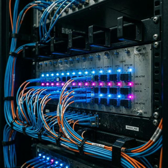 Panel de conexiones de fibra óptica en el interior de una estación base de infraestructura de torres