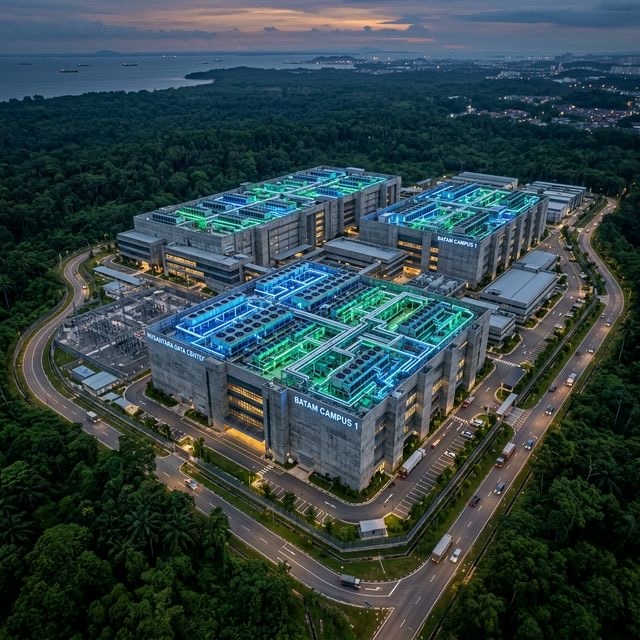Centro de datos hiper-escala masivo en Nongsa Digital Park, Batam al atardecer