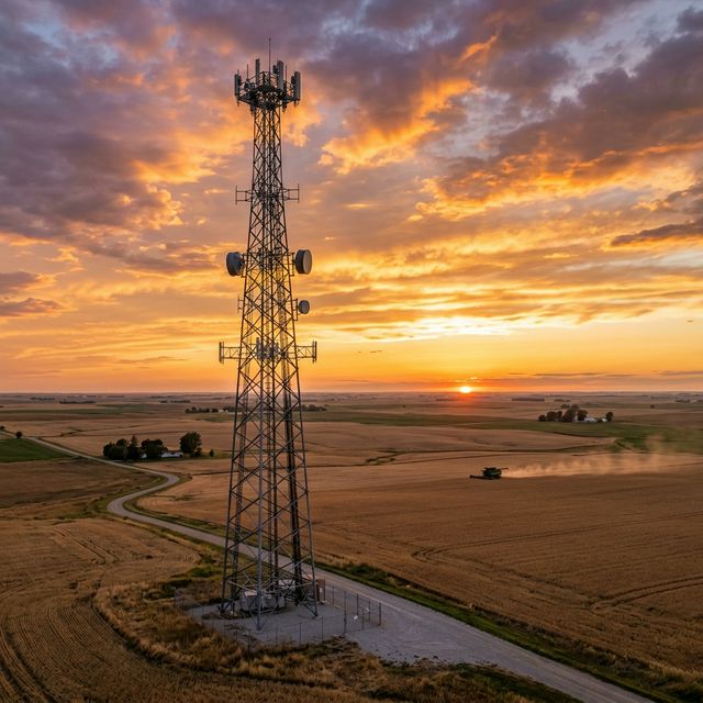 Torre rural de acero destacada contra una vasta llanura agrícola