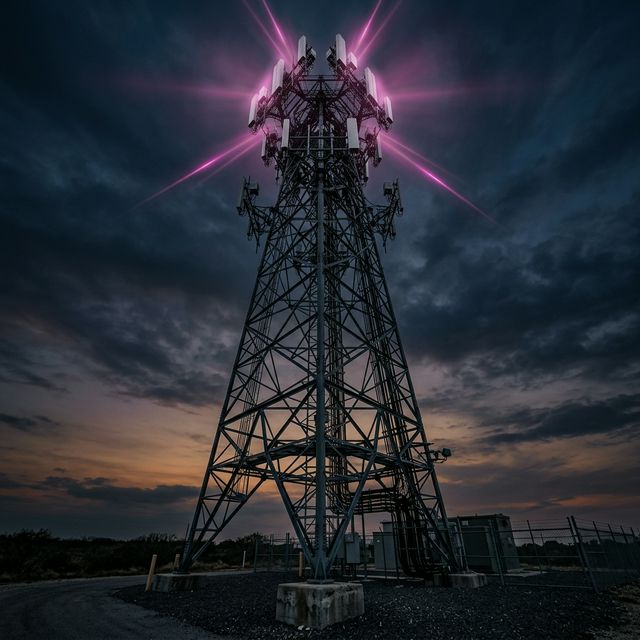 Imponente torre de telecomunicaciones 5G al atardecer en contexto de consolidación del mercado
