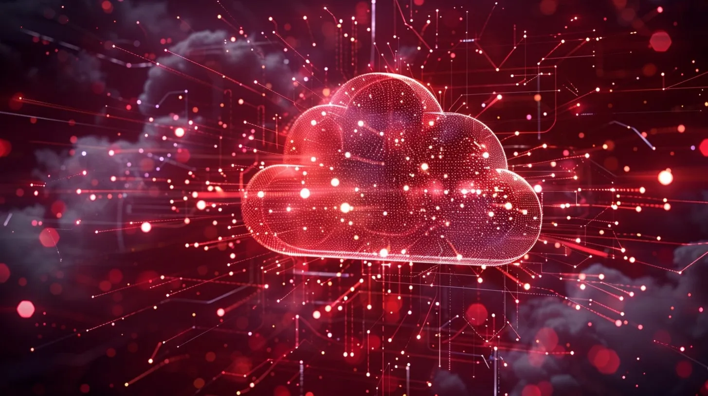 Visual de red que representa la conectividad digital y la computación en llamativos tonos rojos de información