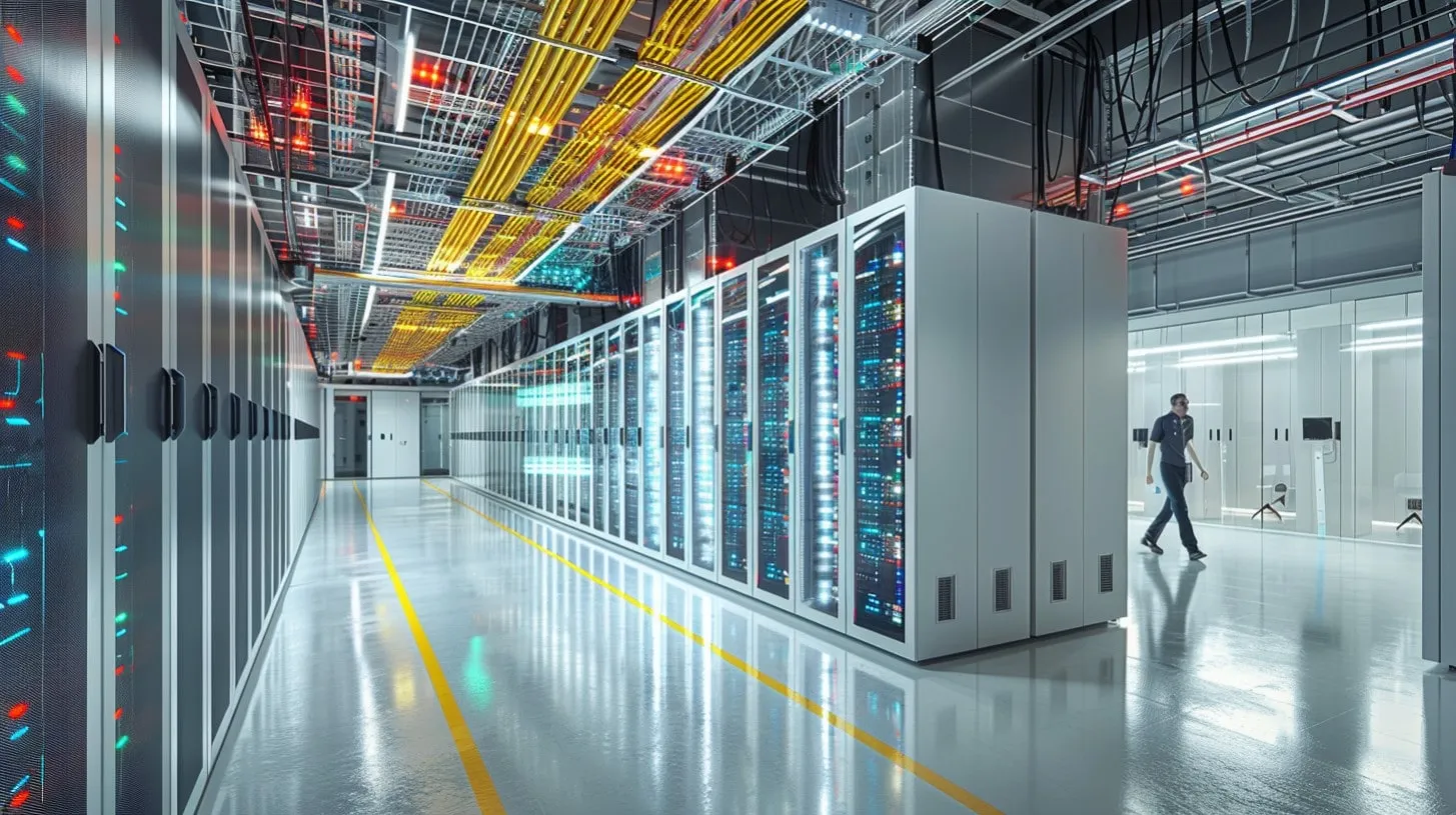 Ventajas de invertir en fideicomisos de inversión inmobiliaria de centros de datos mostradas con un ingeniero caminando en una granja de servidores