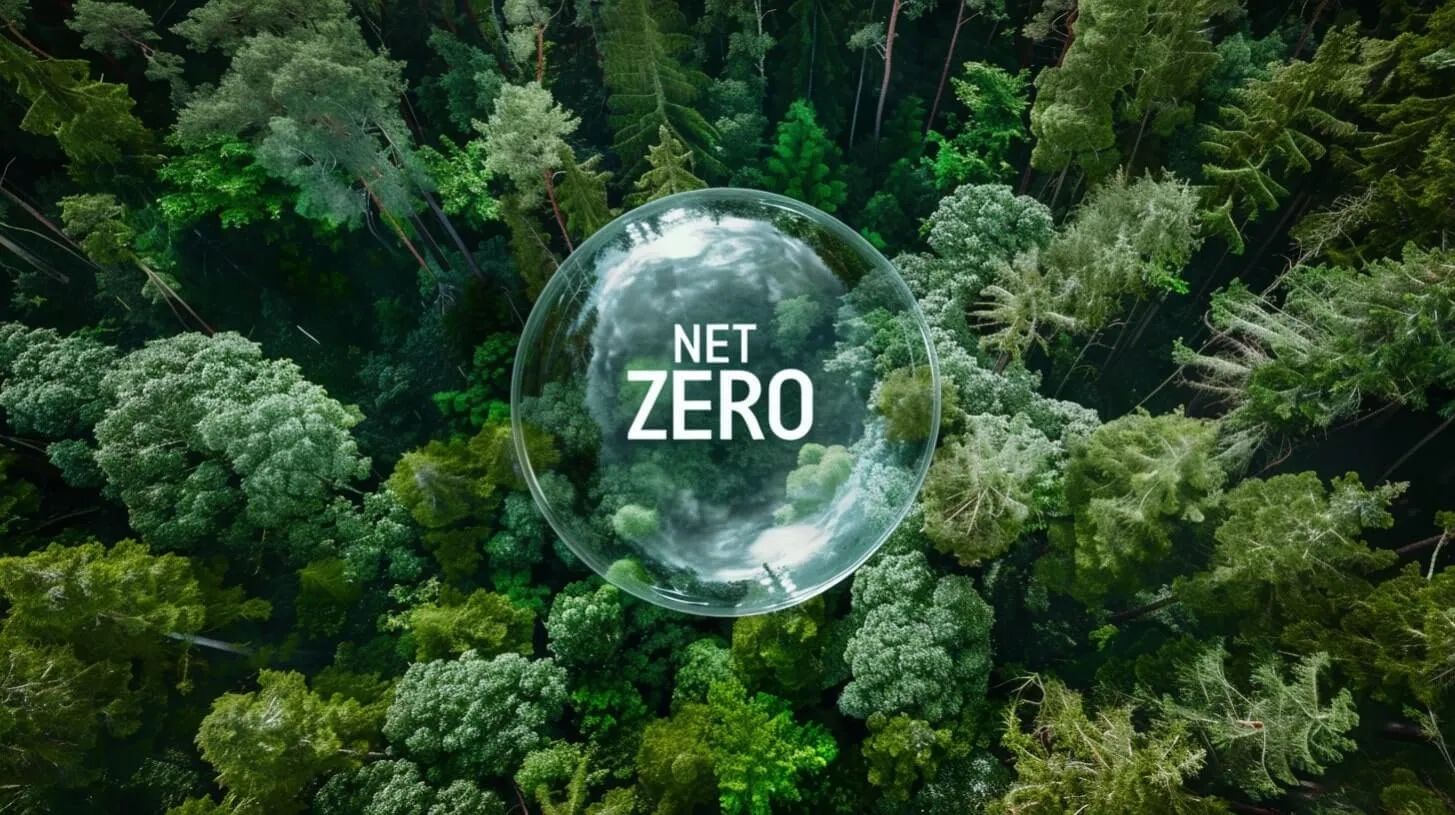 Vista aérea de bosque denso con Net Zero en esfera transparente flotando sobre muchos árboles