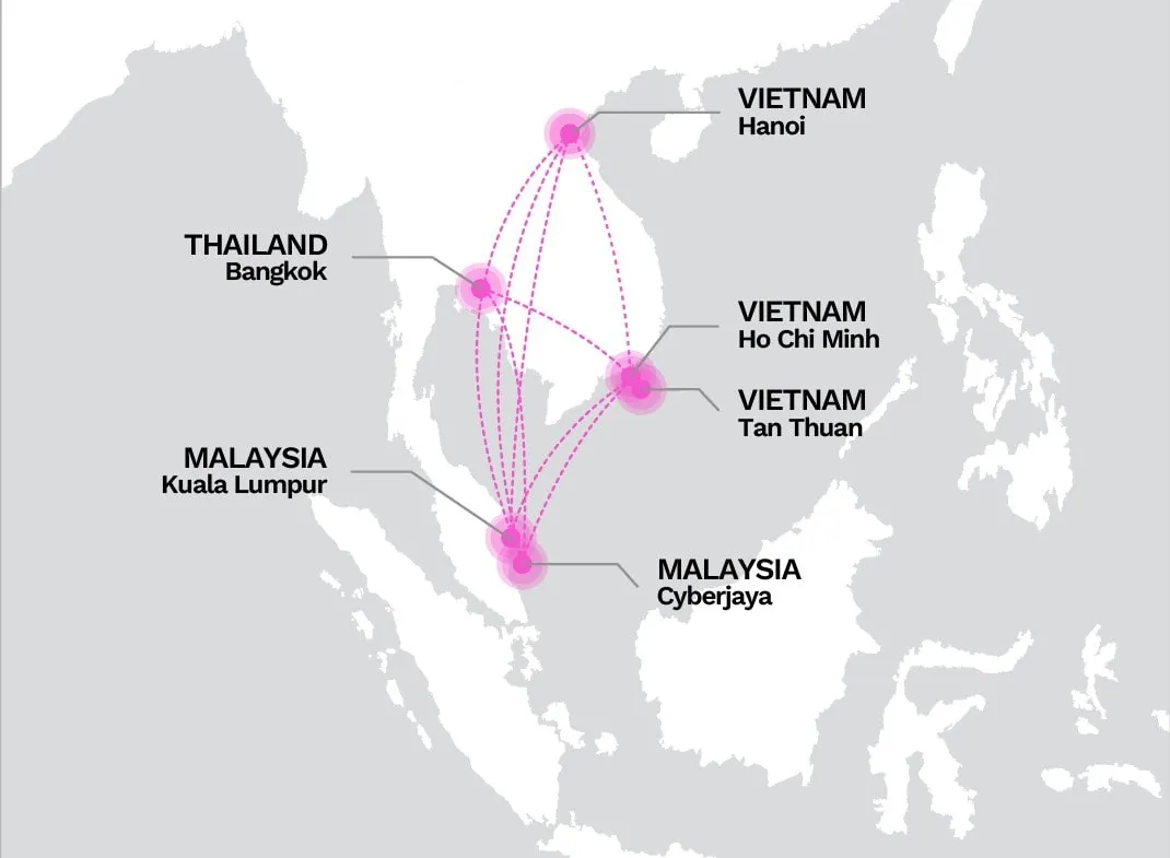 Mapa de PoPs de centros de datos de AIMS Group Sudeste Asiático