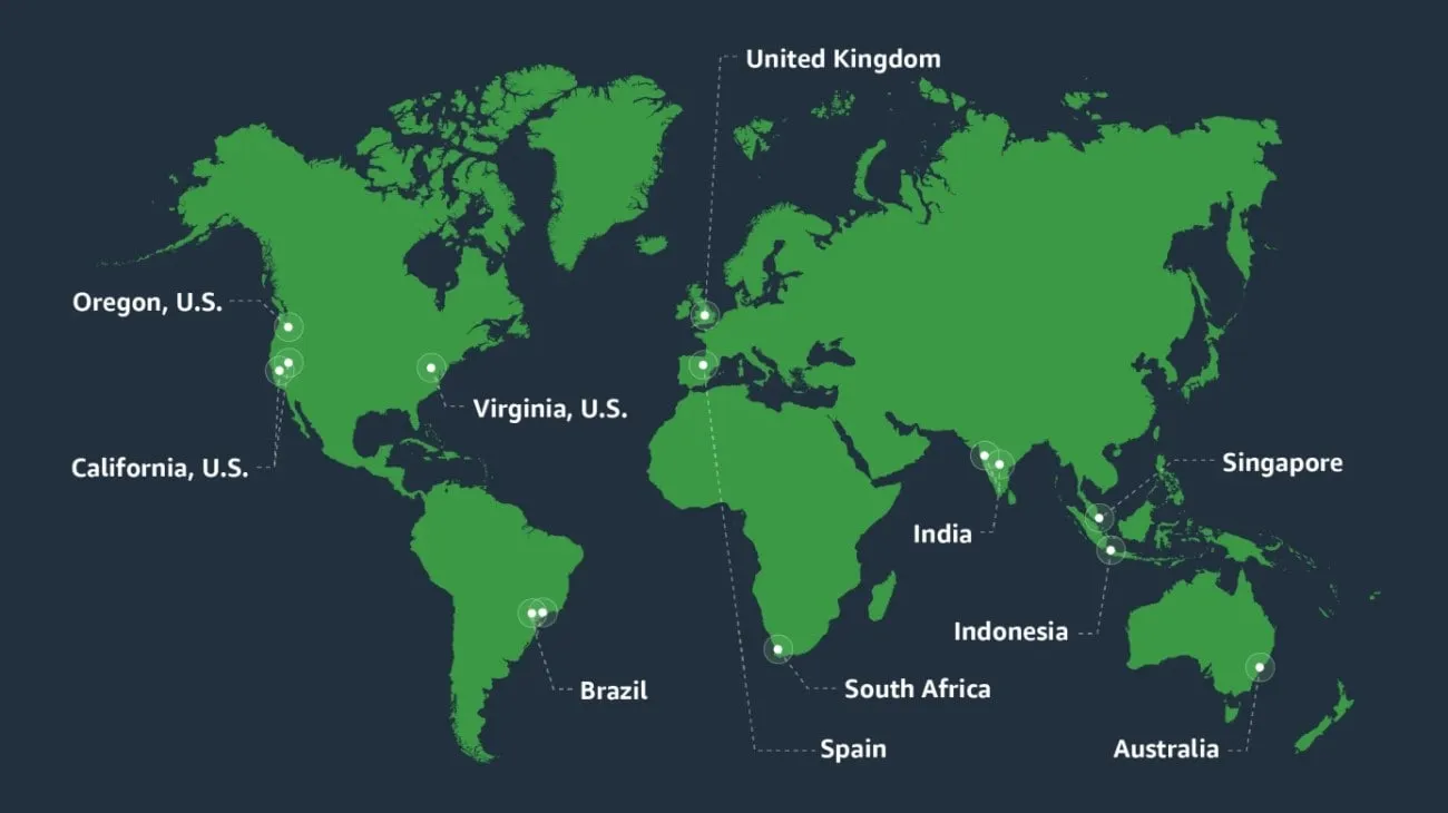 Mapa de Amazon Web Services AWS Uso de agua reciclada para refrigeración en sus centros de datos