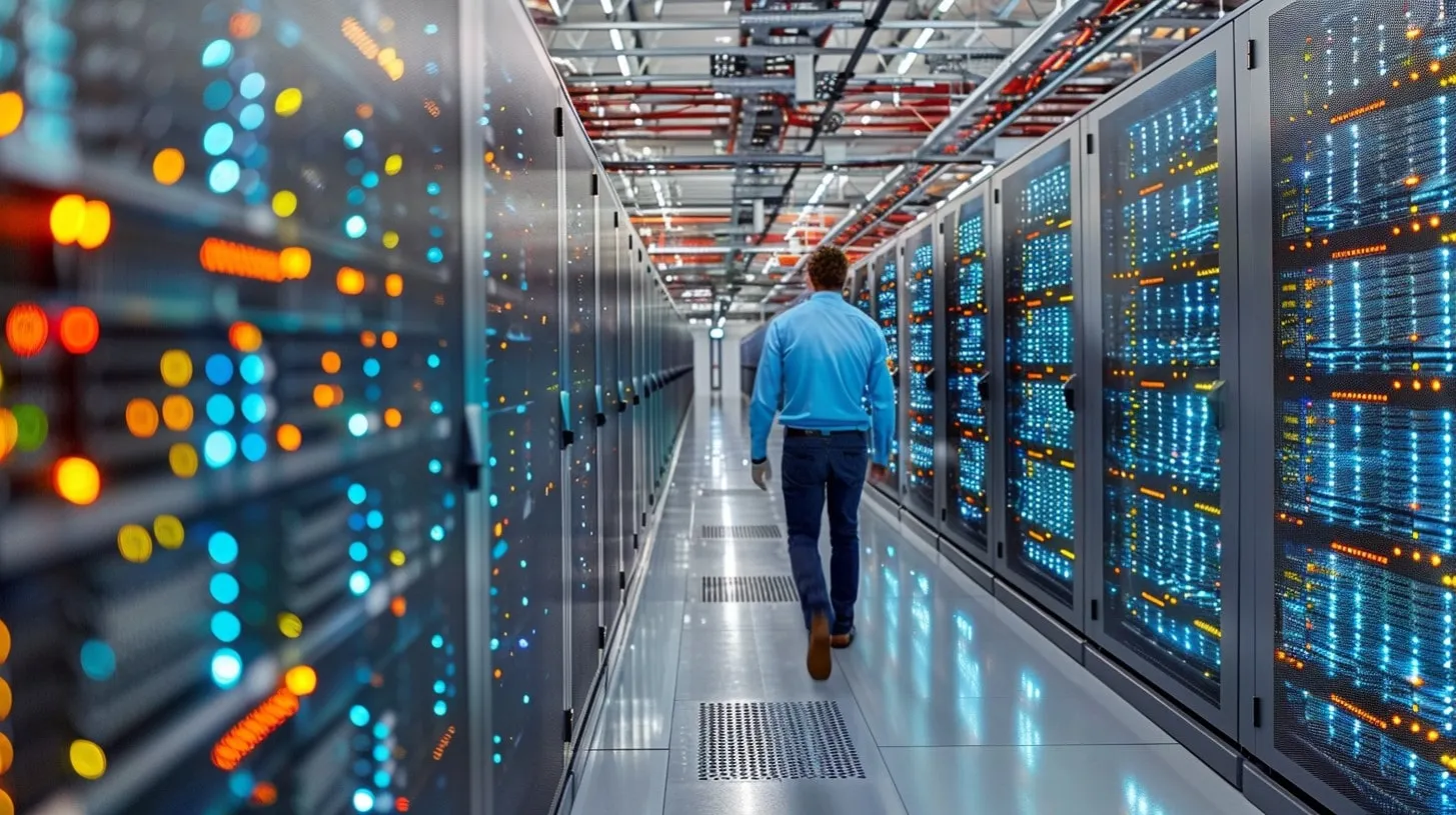 Beneficios de los centros de datos de colocación administrada Profesional de TI caminando en un pasillo rodeado de gabinetes de servidores