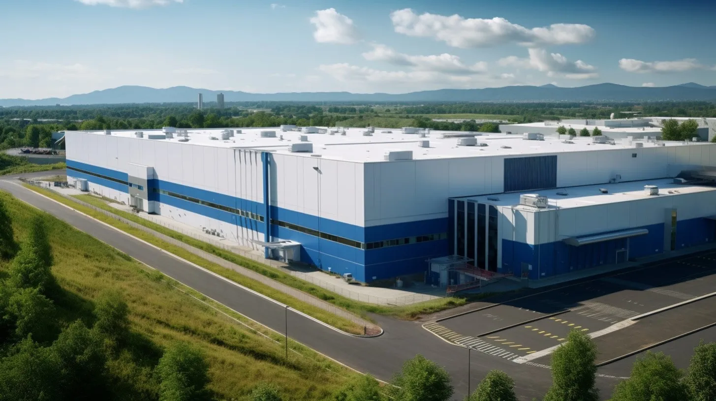 Exterior del edificio de la instalación de computación en paisaje verde