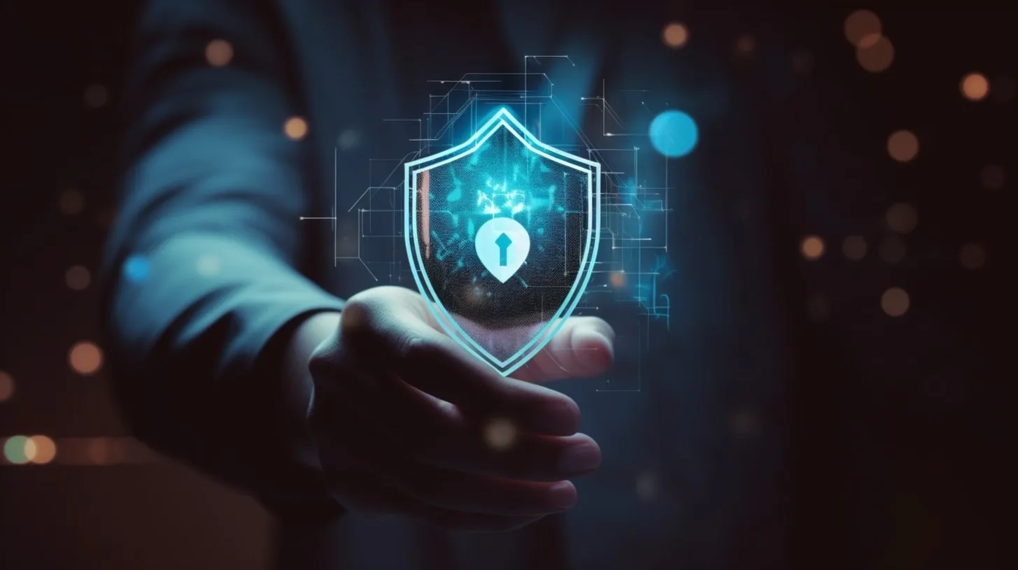 Hombre tocando el holograma del futuro escudo seguro digital