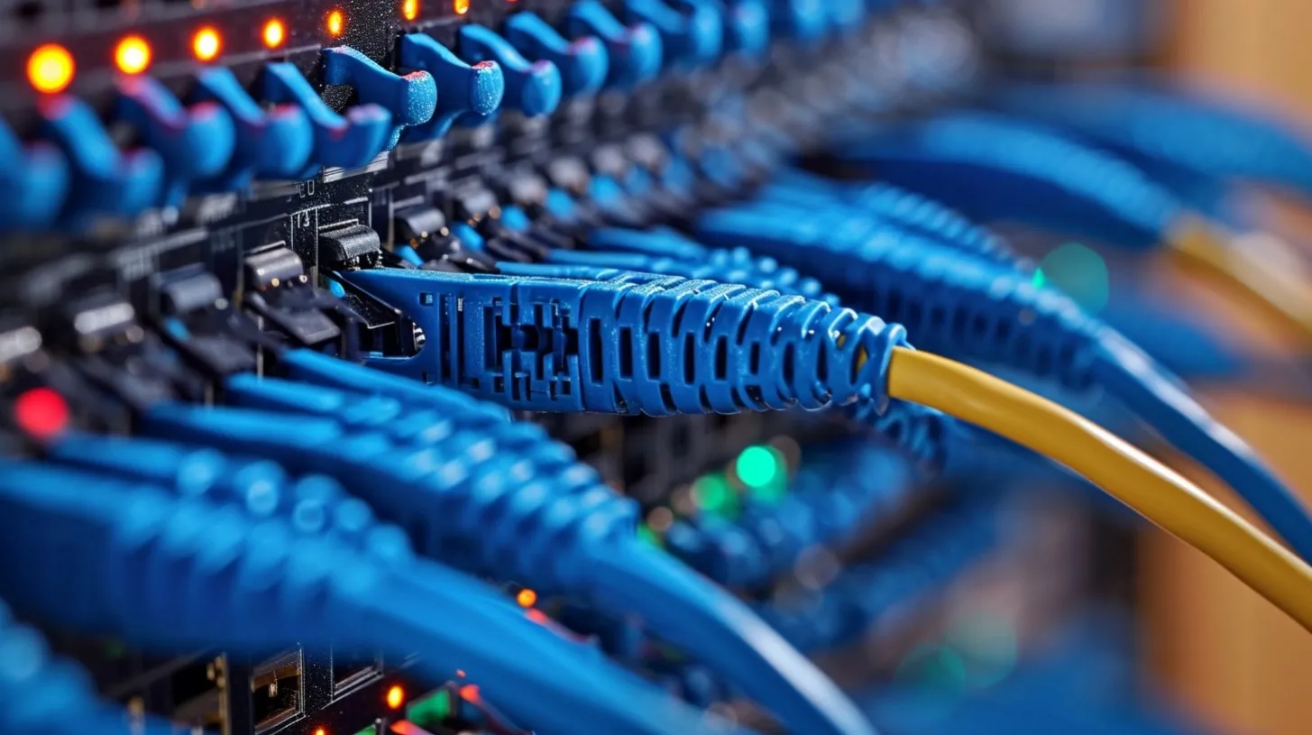 Rack de Servidores de Red Neutral Carrier y Cloud con Cables Ethernet y Luces de Monitoreo