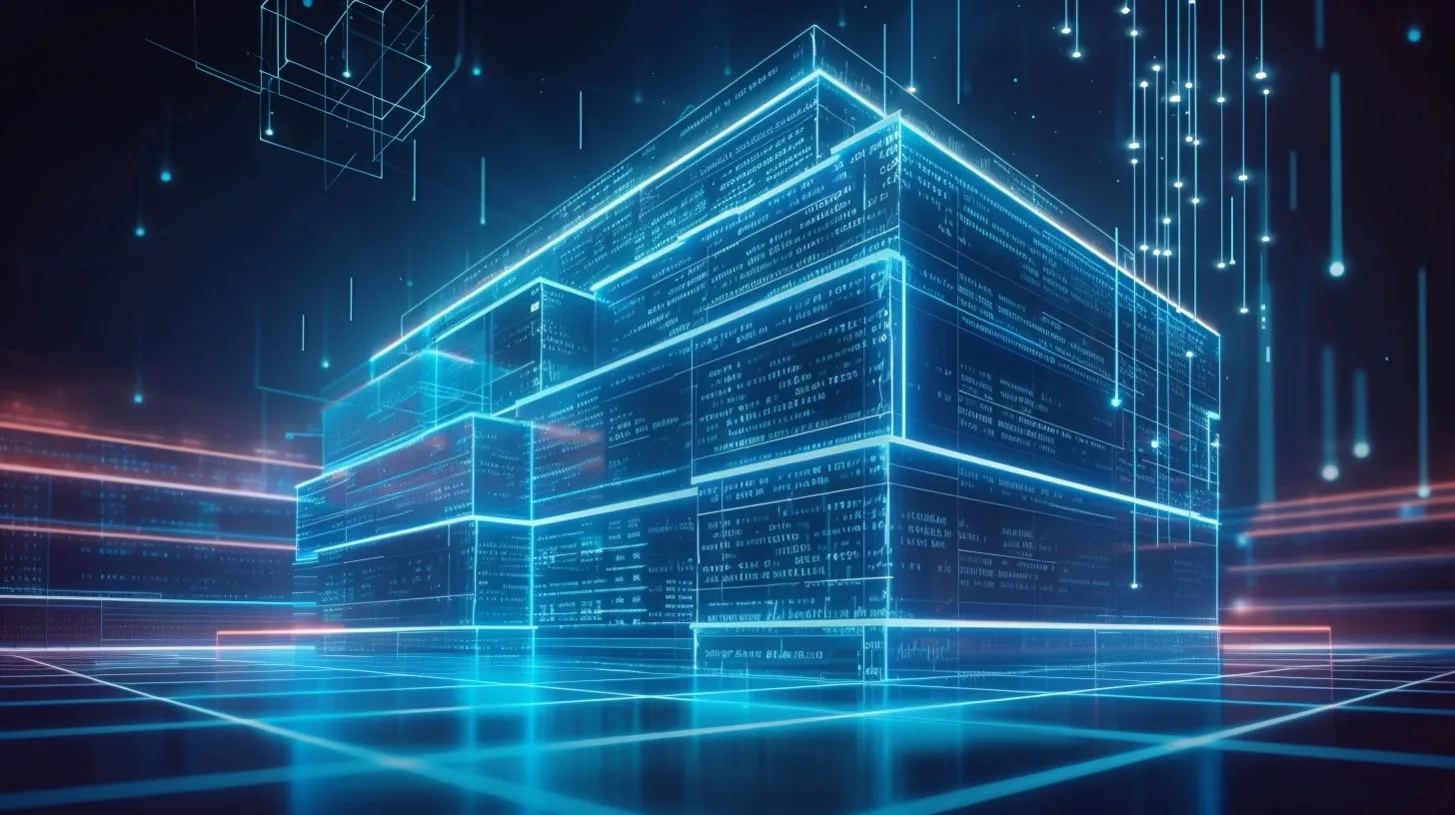 Carrier Hotels Data Center Building Set in a Dark Urban Cyberspace Environment