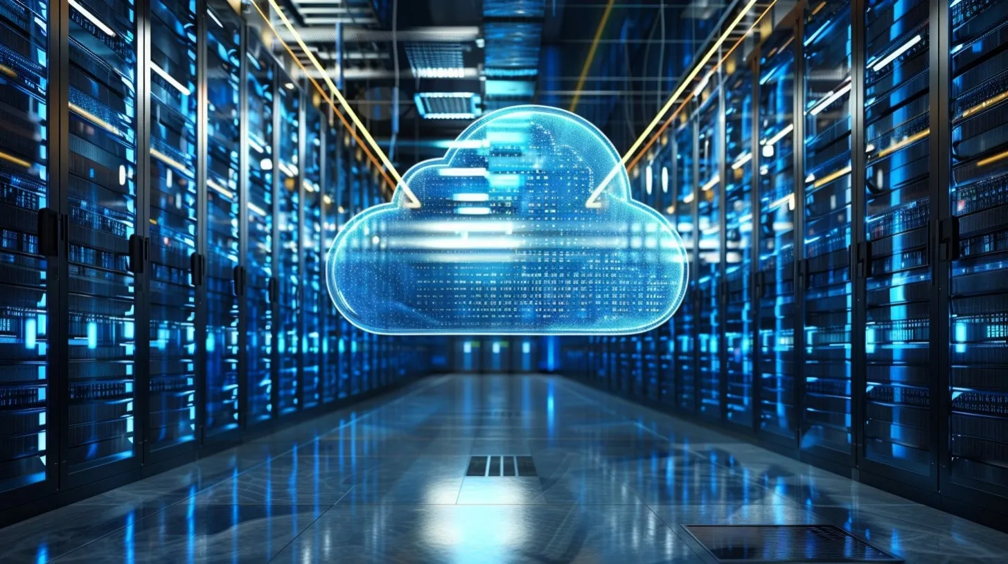 La arquitectura del centro de datos en la nube brilla con imágenes modernas flotando sobre filas de racks de servidores