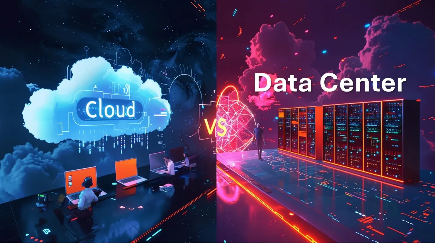 Comparación tecnológica de computación en centros de datos en la nube versus servidores en redes digitales en un claro contraste