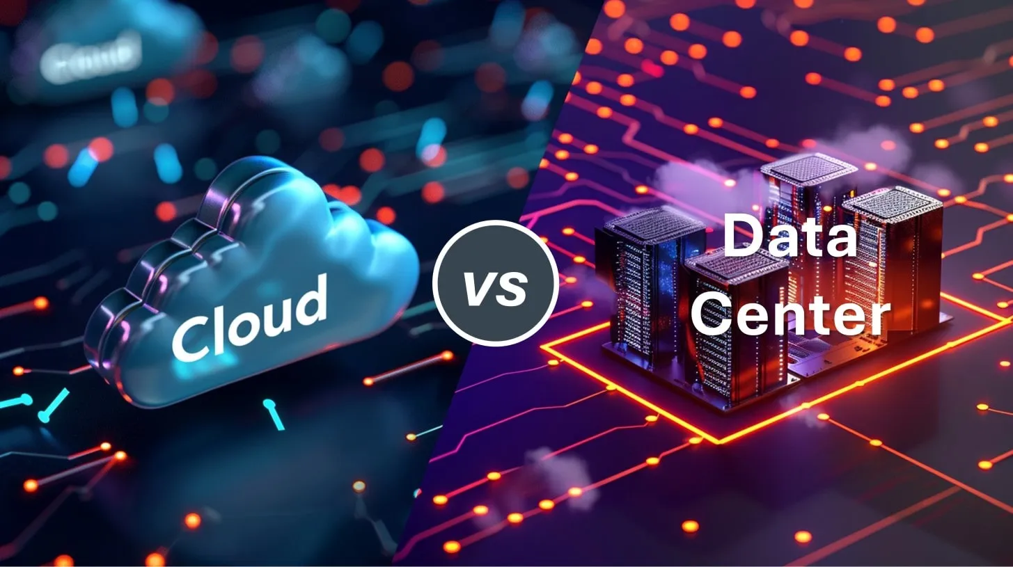 Comparación de recursos de nube vs centro de datos que muestra servidores de circuitos y luces en infraestructura