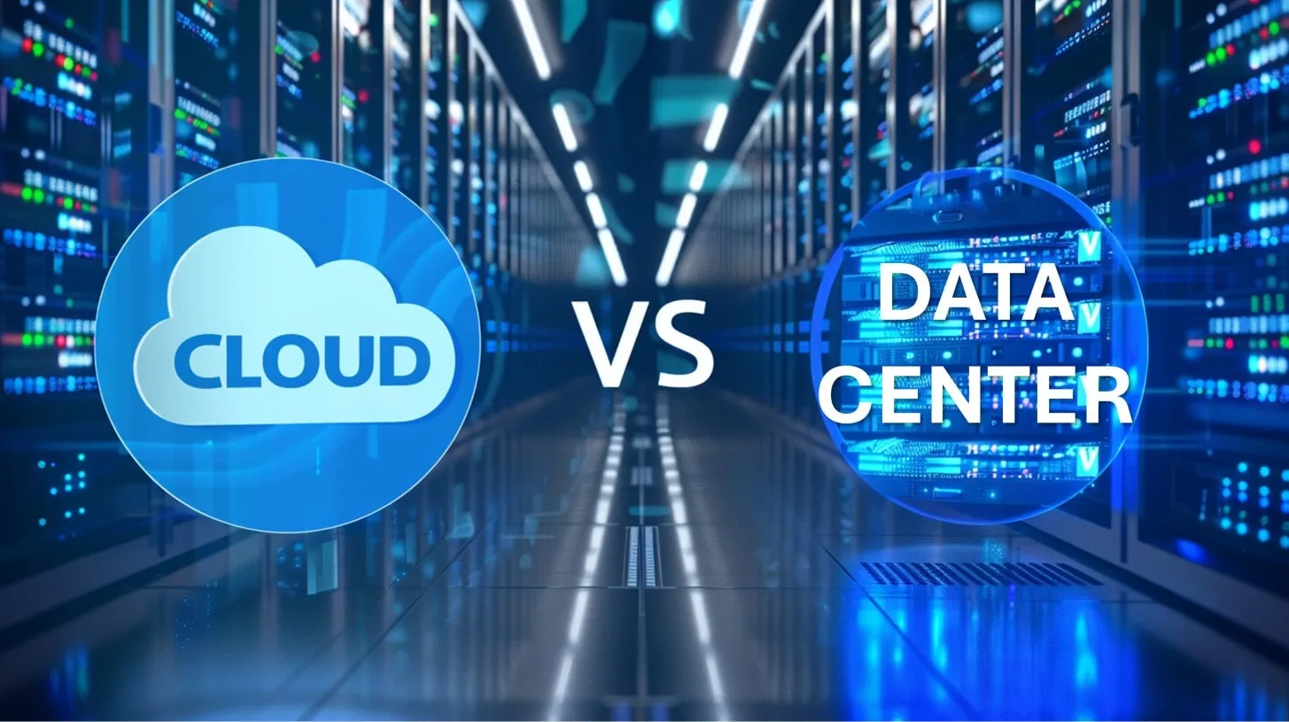 Concepto de utilización de nube vs centro de datos que muestra comparación con sala de servidores