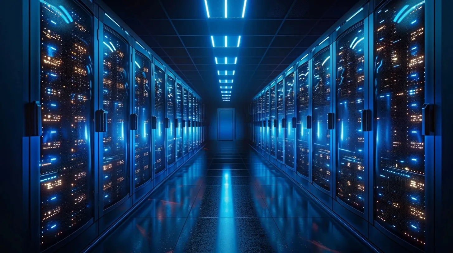 Proveedores de colocación Servidores de centro de datos Piso resplandeciente sobre una infraestructura de pasillo largo