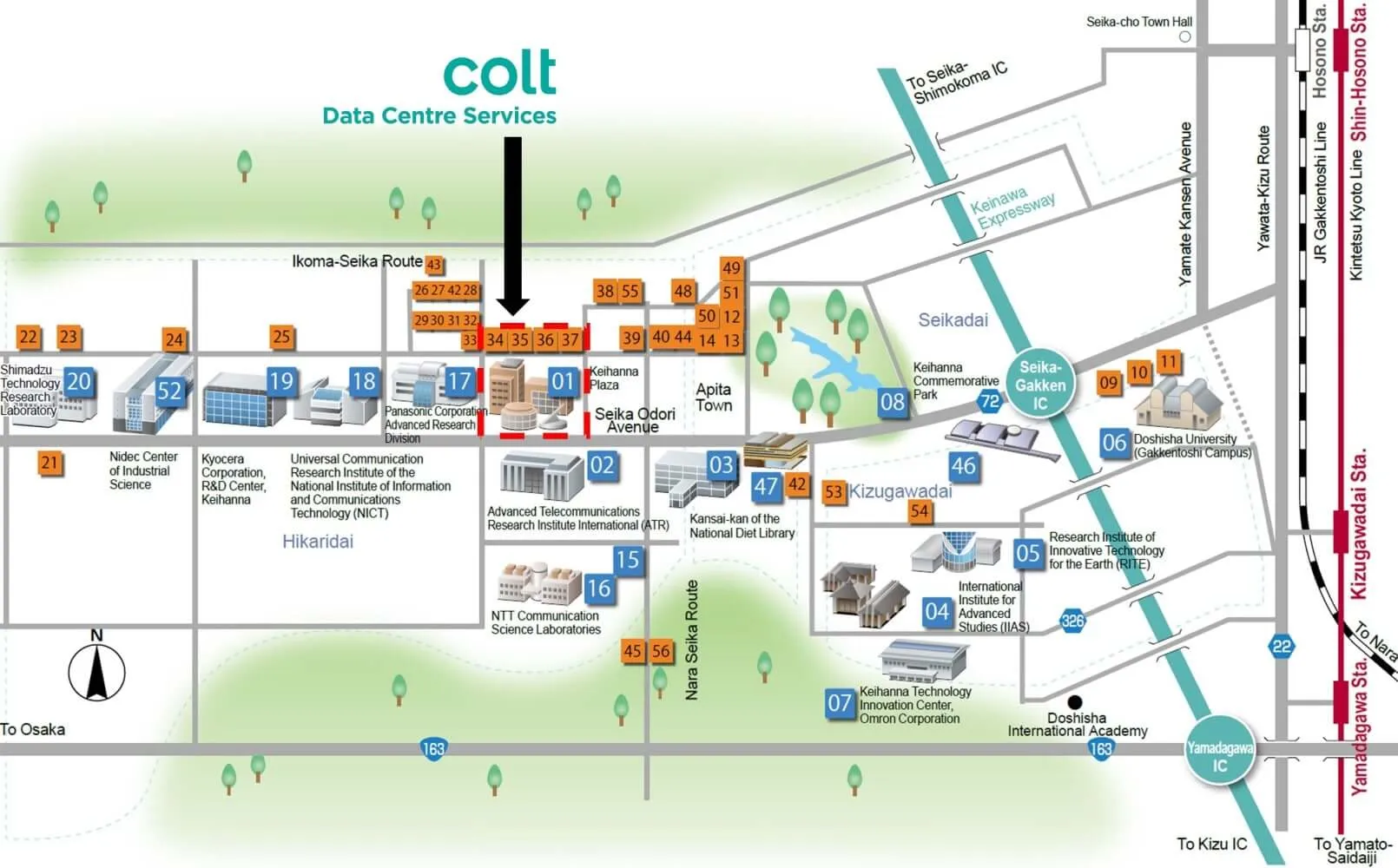 Mapa de ubicación de la ciudad científica Colt Osaka Keihanna