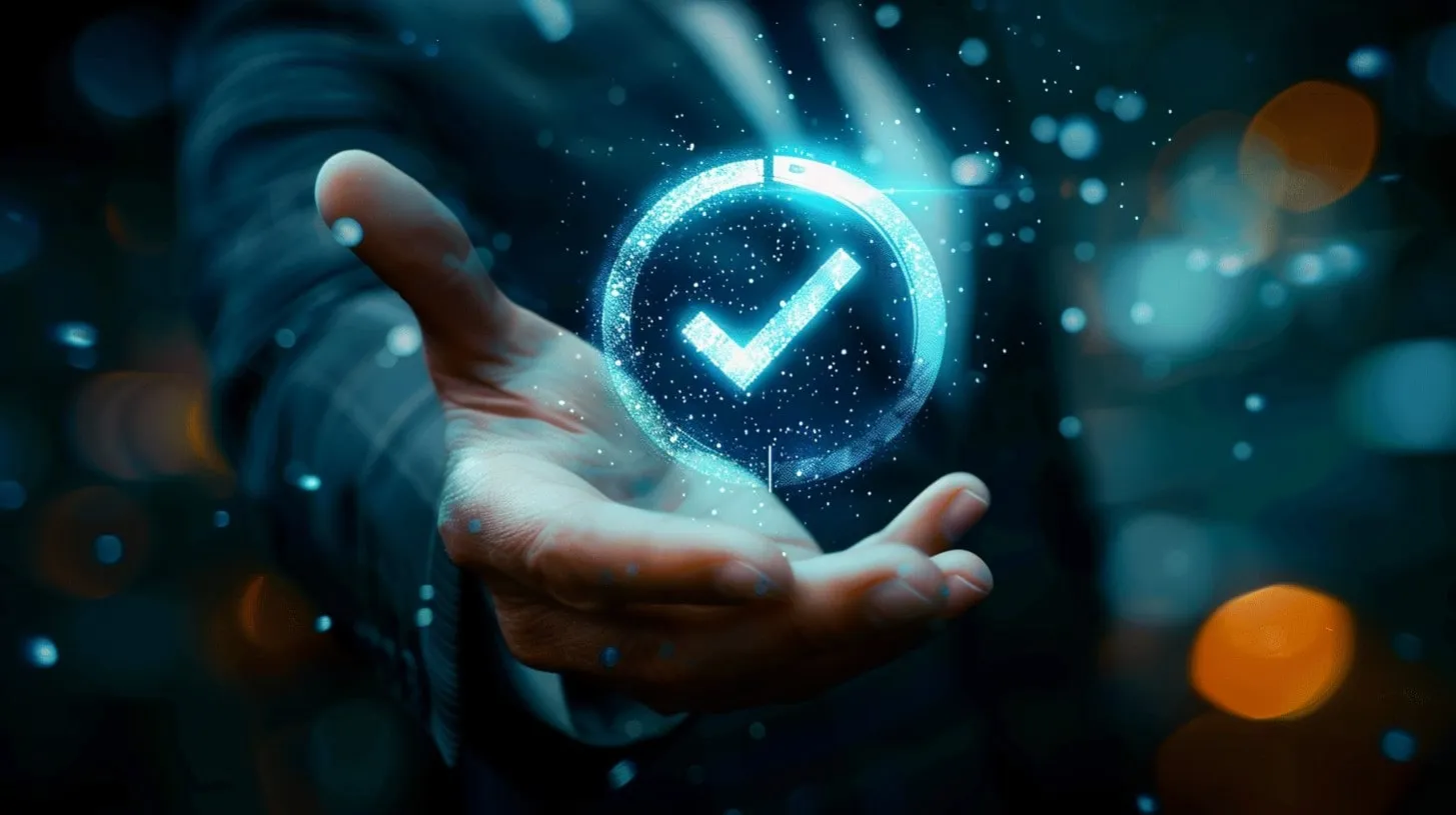 Mano de soporte de cumplimiento sosteniendo un símbolo de marca de verificación azul brillante TI profesional