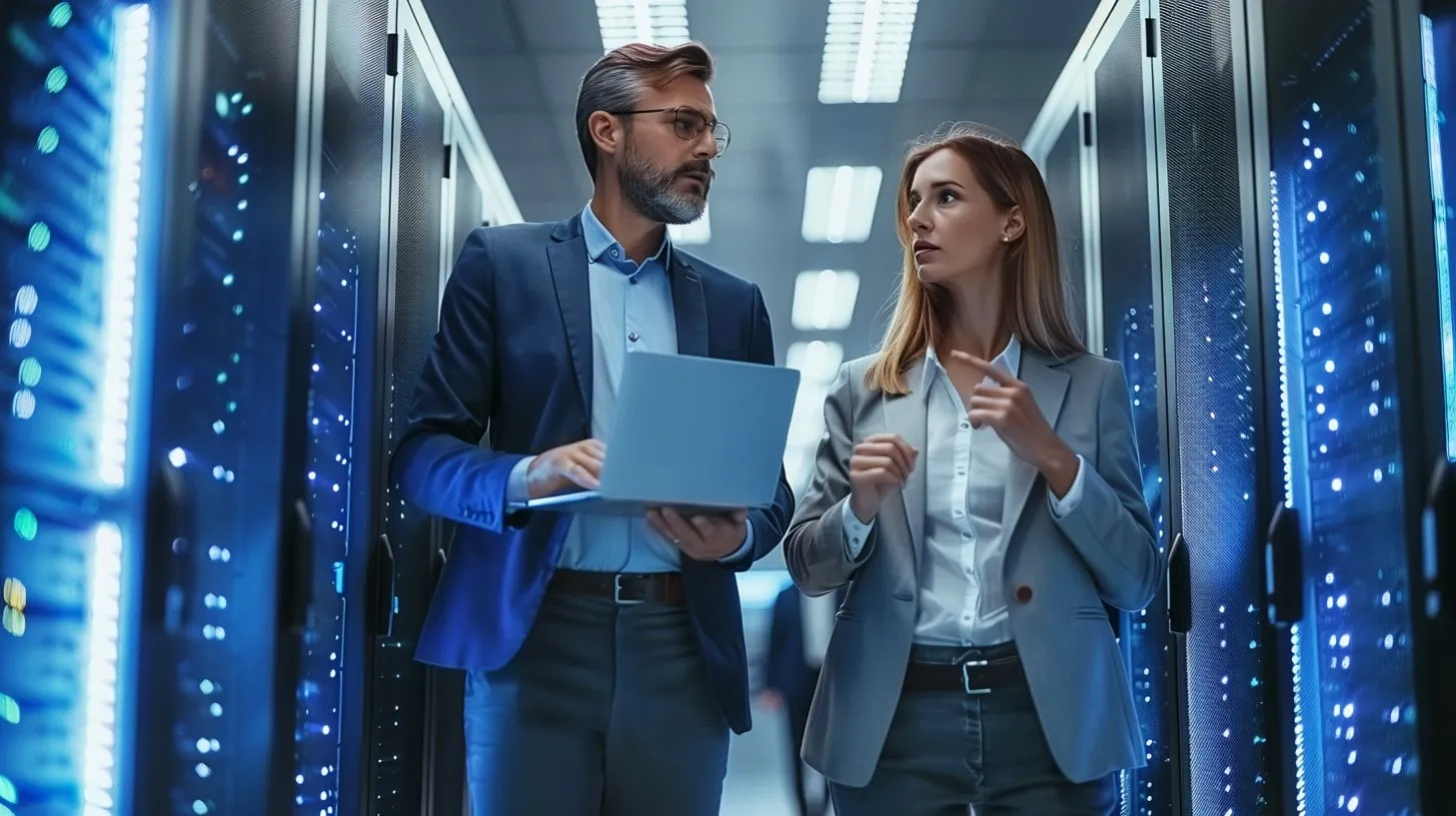 Componentes de gestión de centro de datos de una instalación y profesionales de operaciones de TI conversan y caminan