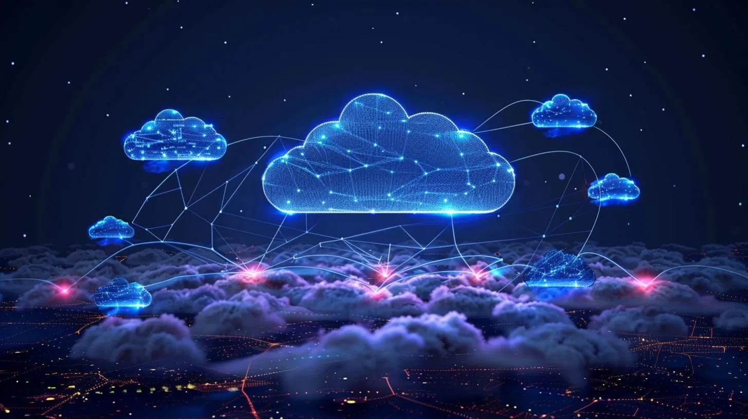 Infraestructura informática azul conectada por líneas sobre amplias luces en el cielo