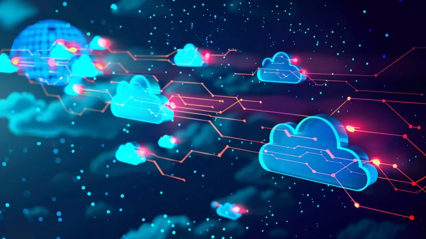 Ilustración digital de conectividad de redes que conectan varias infraestructuras informáticas híbridas de Colo