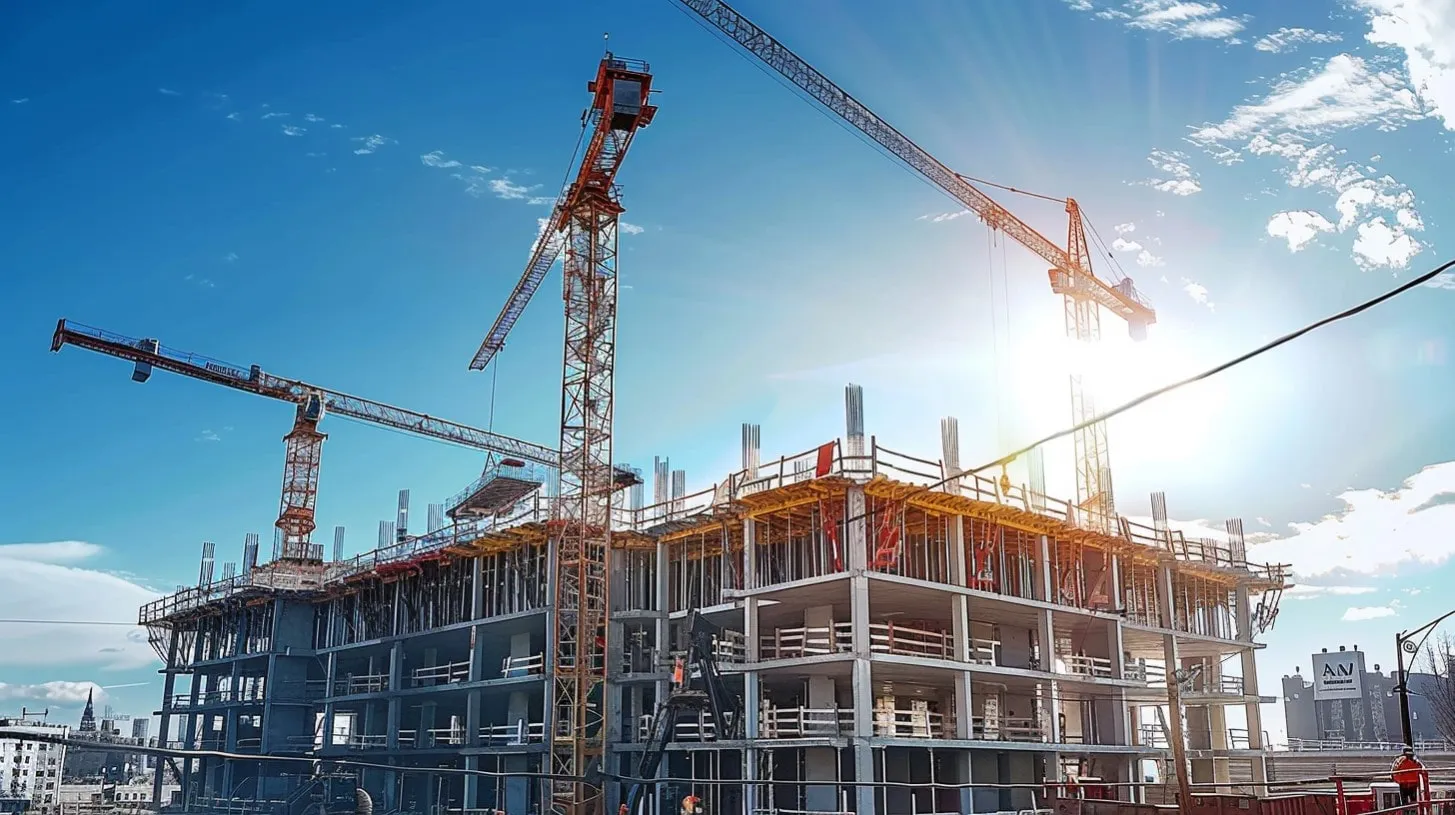 Construction Site with Cranes Set Against Blue Sky with Workers On Scaffold in Sunlight