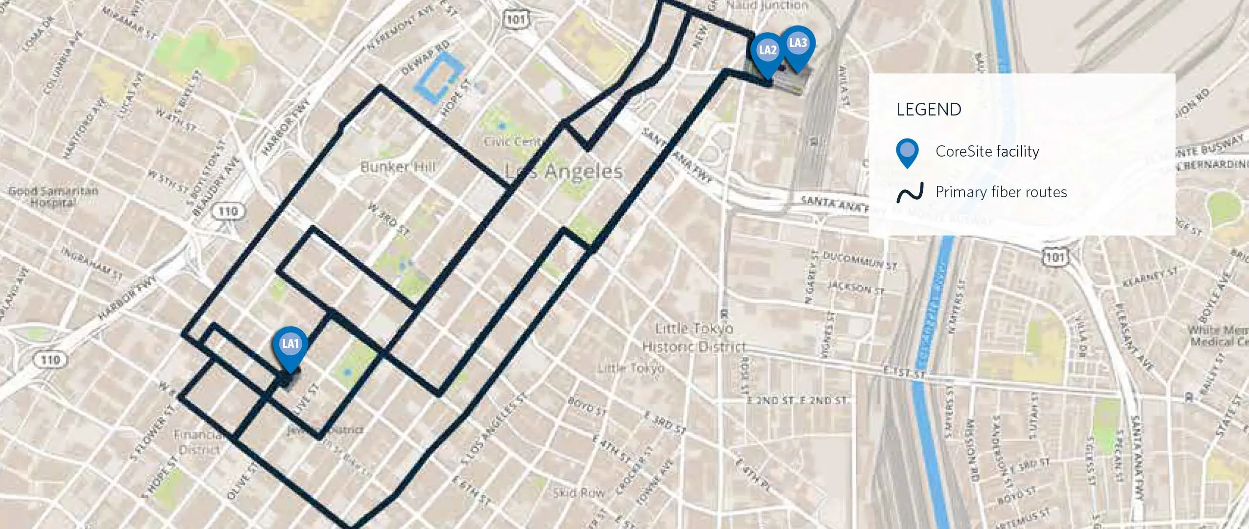 Mapa del Centro de Datos CoreSite Realty LA1 LA2 LA3
