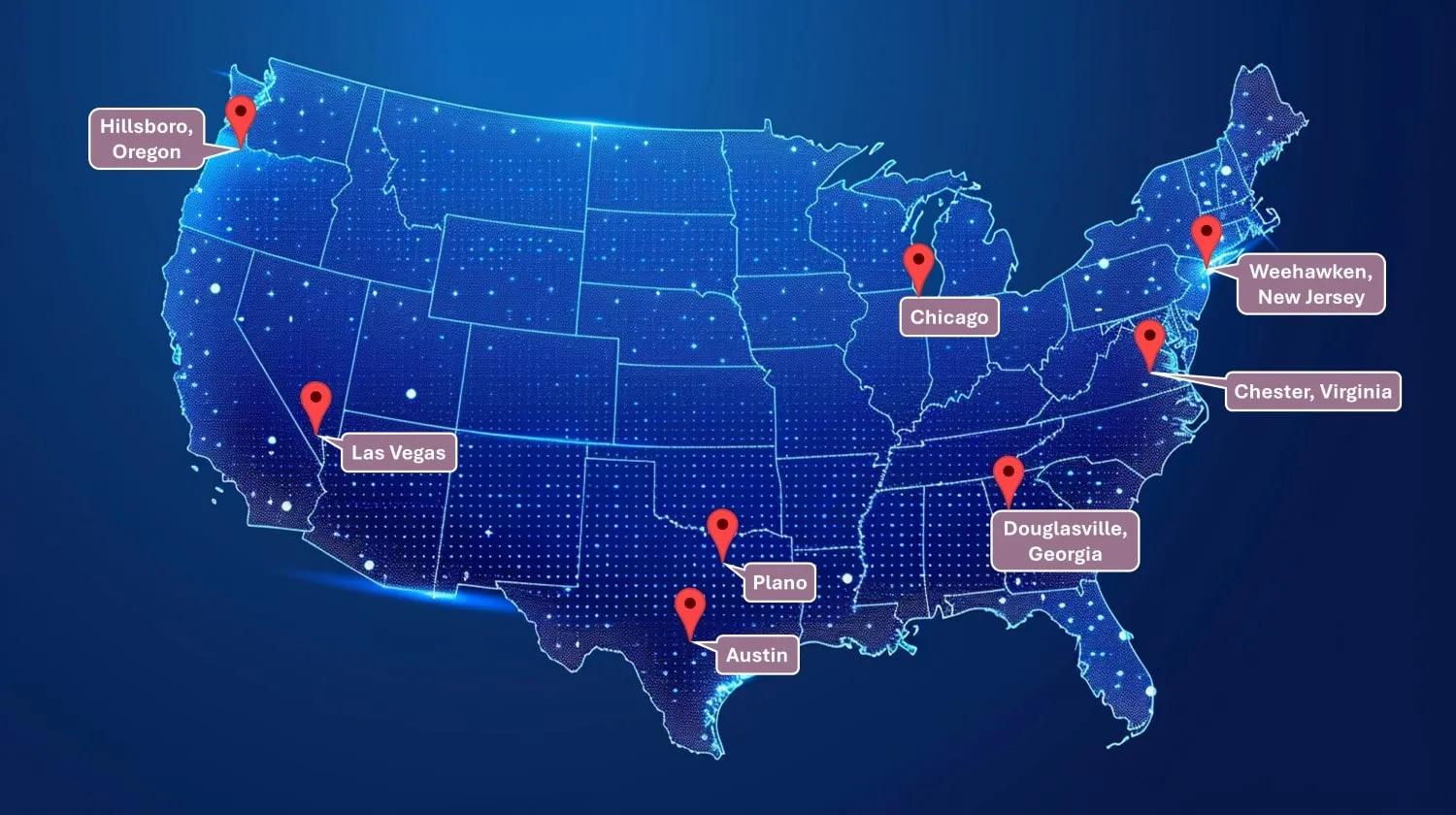 Mapa de regiones y ubicaciones de CoreWeave Cloud Data Center con ubicaciones clave con pines para ciudades