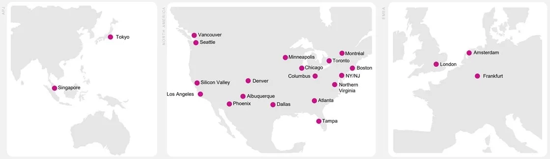 Mapa de ubicaciones del centro de datos Cyxtera junio 2023