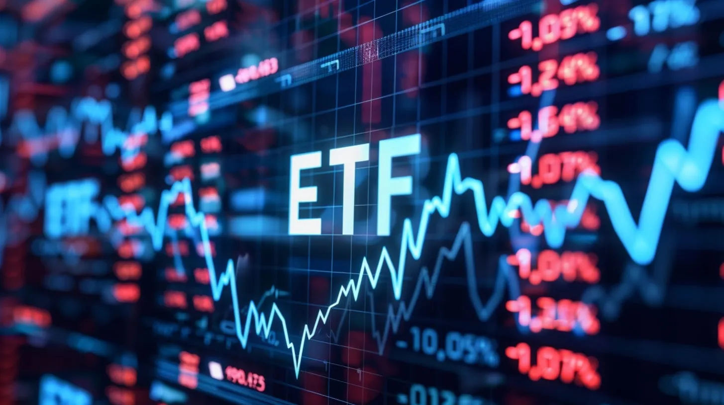 Pantalla digital de ETF de centros de datos que muestra los movimientos hacia arriba y hacia abajo del mercado financiero