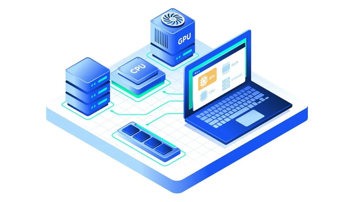 Centro de datos con CPU GPU Almacenamiento RAM conectado a una computadora portátil que muestra especificaciones de hardware