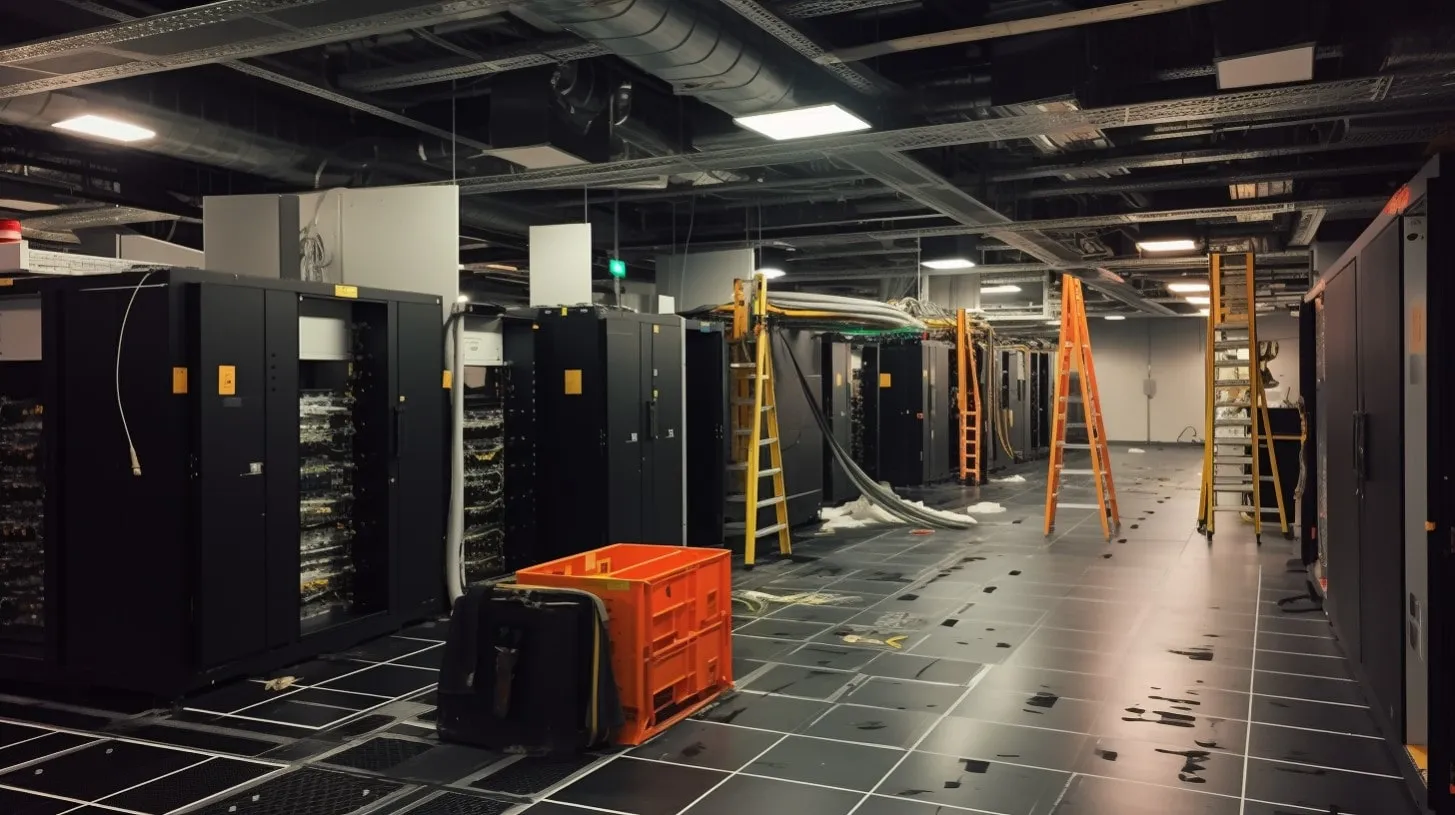 Interior del Centro de Datos mostrando Servidores Escaleras Herramientas Pisos elevados Desmantelamiento