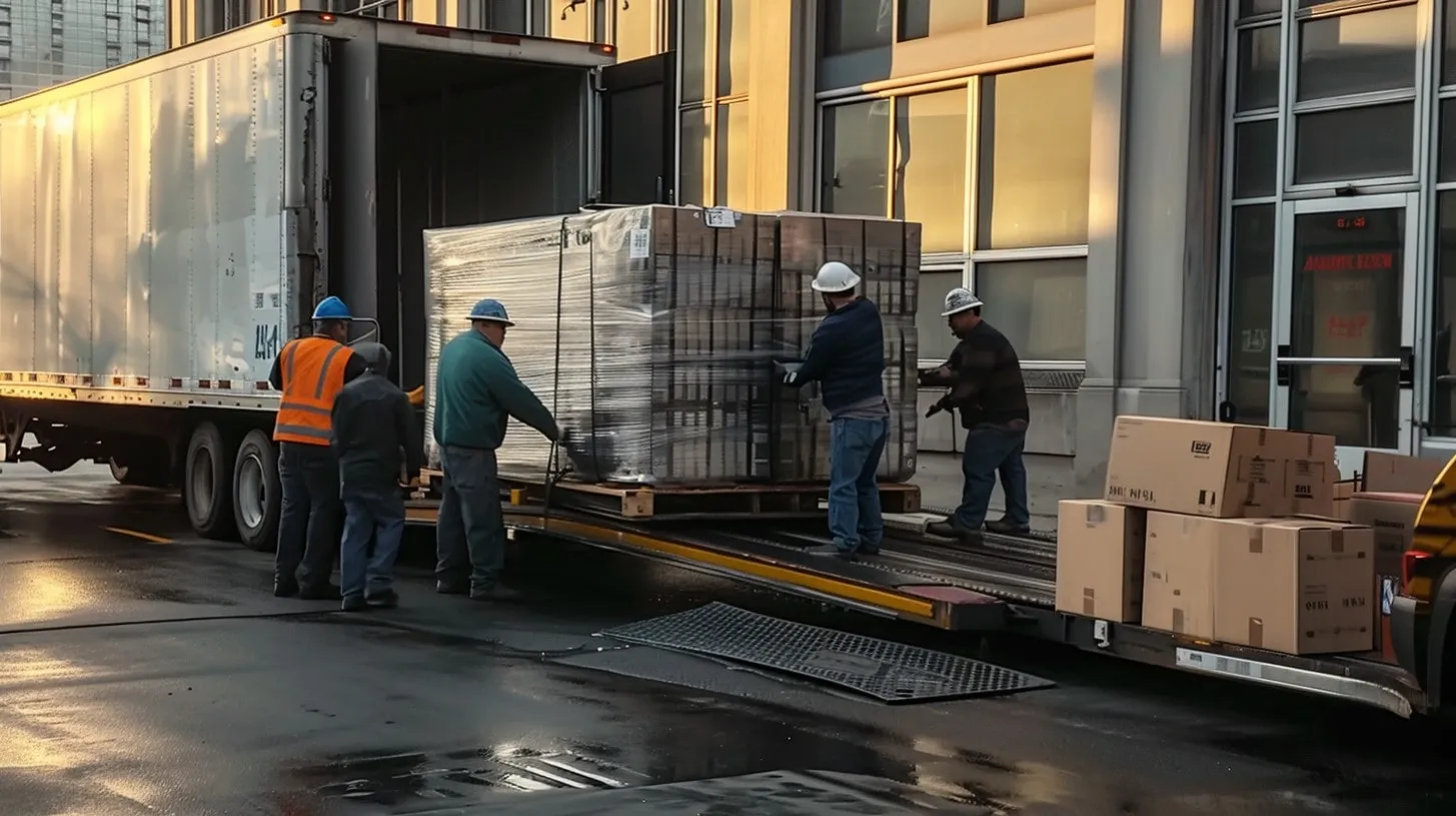 Servicios de mudanza de centros de datos con trabajadores cargando palés en camiones de transporte