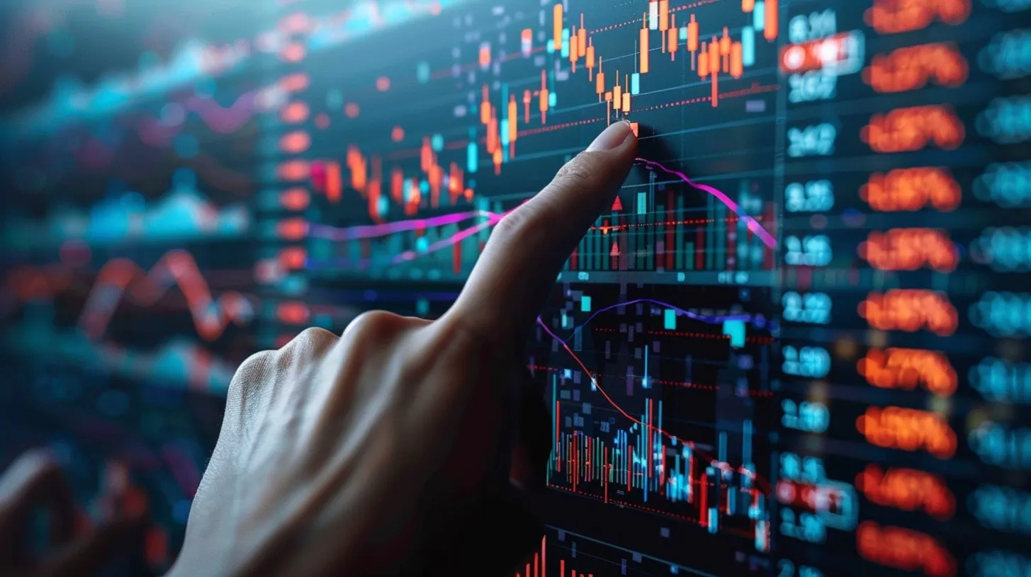 Acciones del centro de datos con analista estudiando datos financieros en pantalla digital