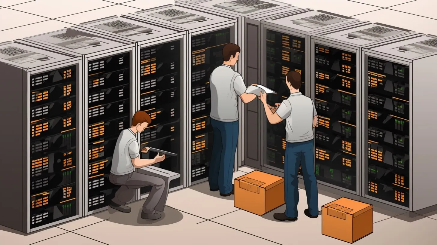 Ingenieros de TI de centros de datos trabajando en la transición de redes de servidores