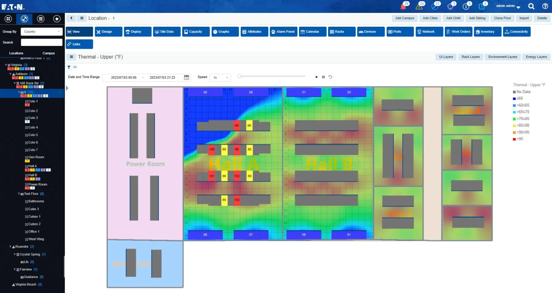 Mapa térmico del centro de datos muestra la distribución de temperatura en los equipos de las salas de computación