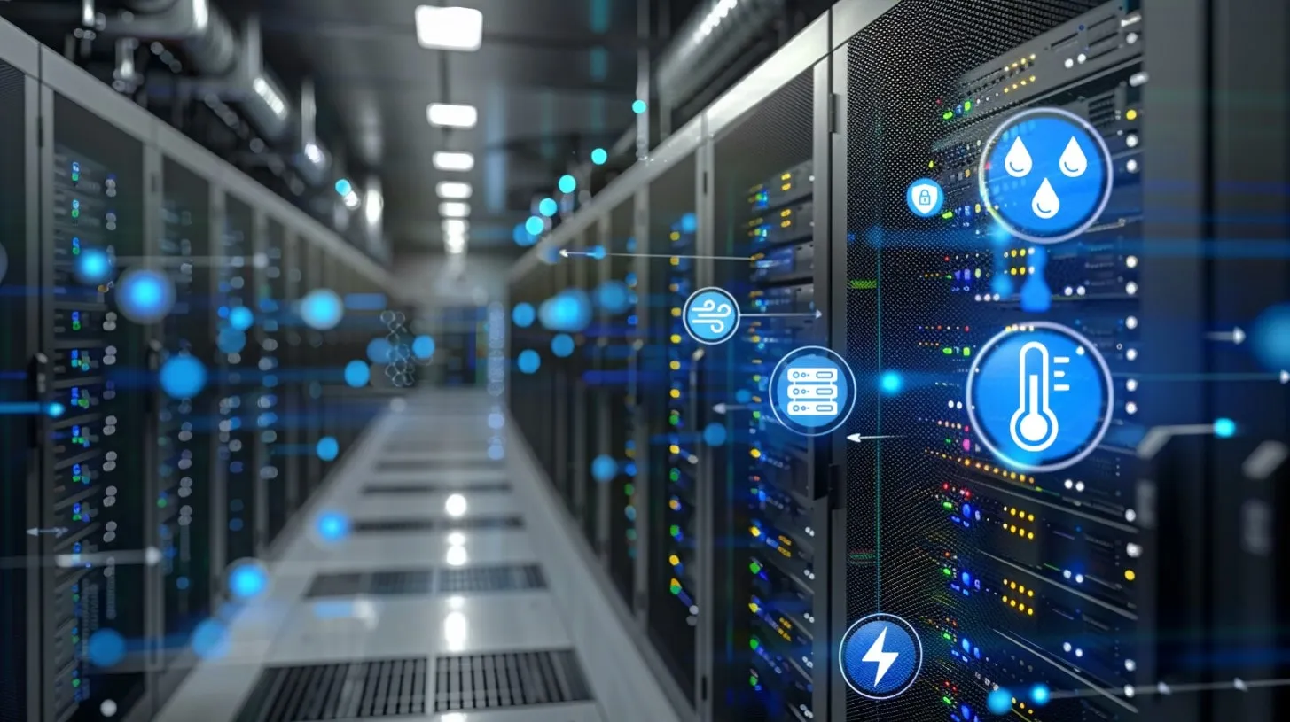 Centro de datos con filas de racks de servidores con una superposición de iconos para temperatura, humedad, flujo de aire y potencia