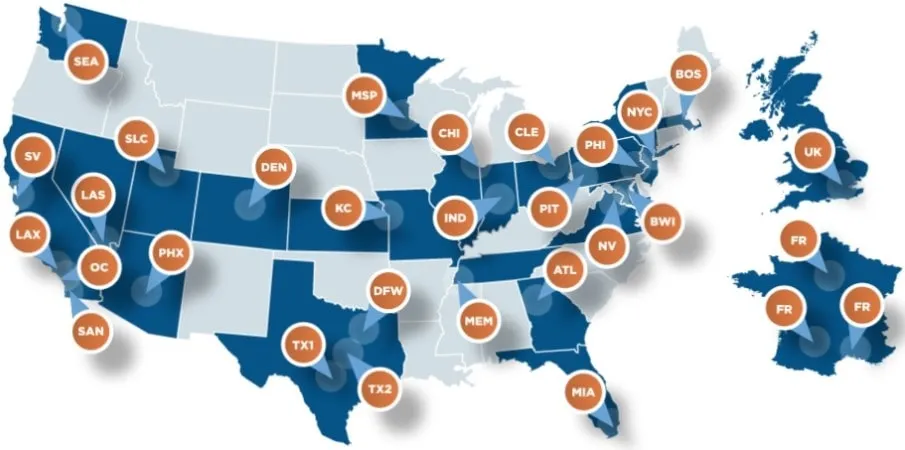 Mapa del portafolio de centros de datos de DataBank junio 2022