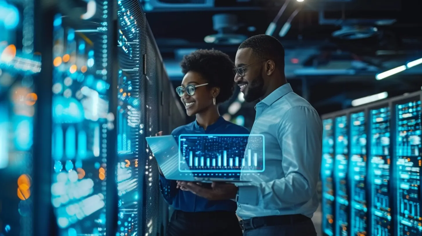 Proveedores de soluciones DCIM Profesionales de TI analizando datos en pantalla superpuesta transparente