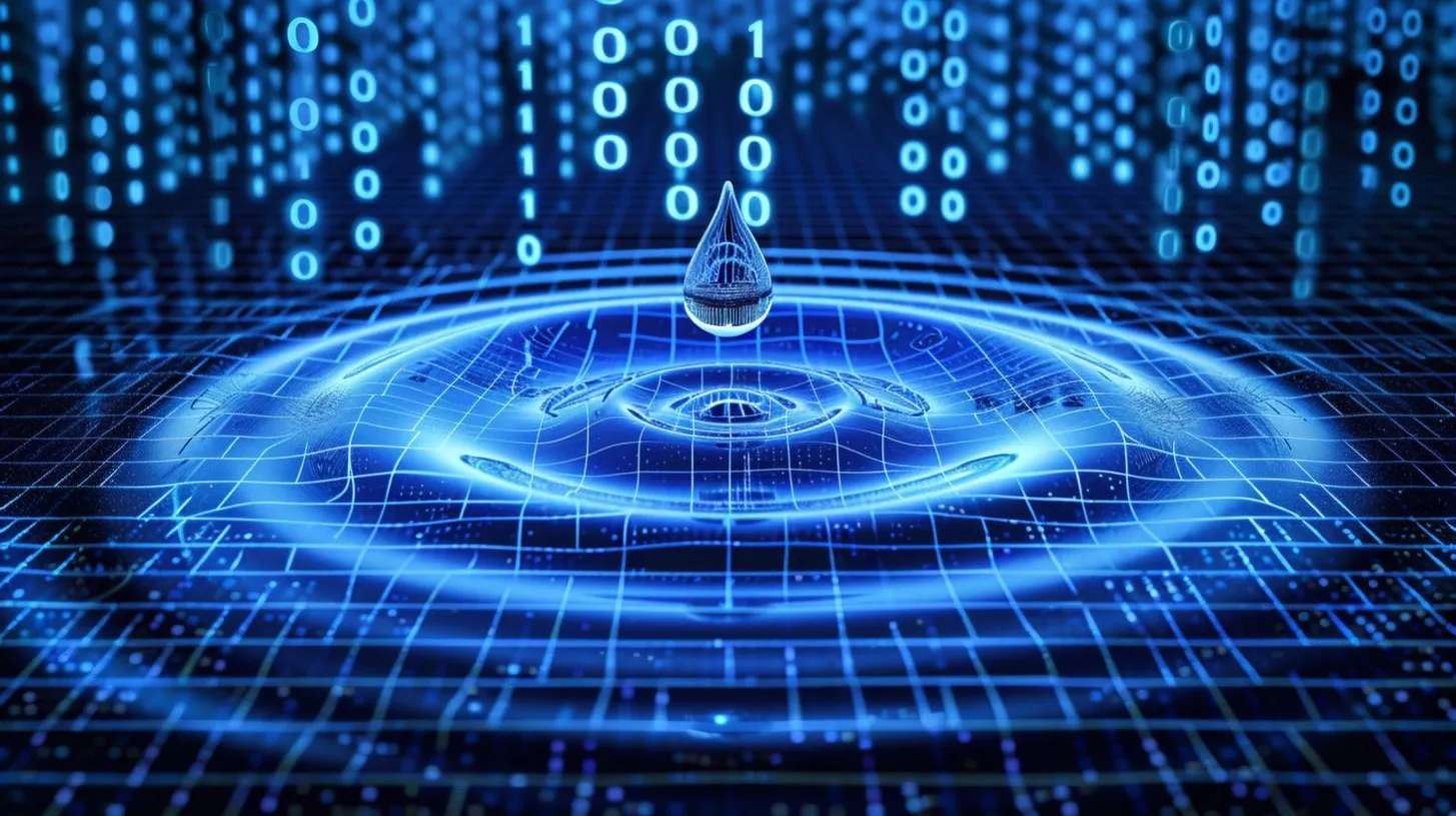 Código binario en el fondo de una gota de agua creando un concepto para un centro de datos