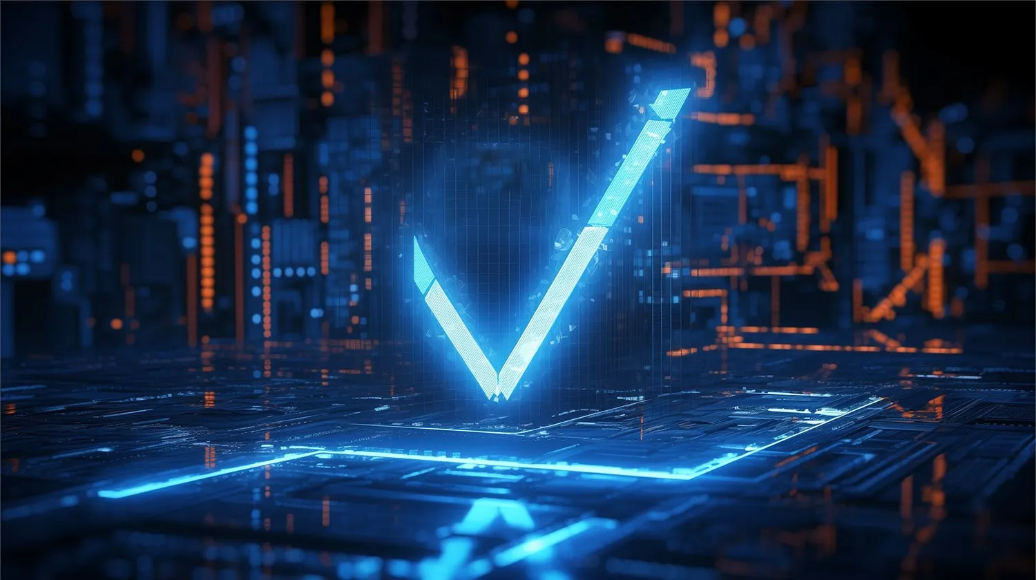 Superposición brillante de marca de verificación digital sobre fondo azul del futuro cibernético