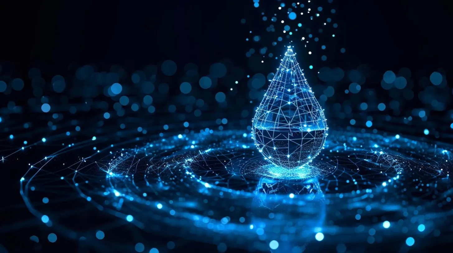 Gota de agua digital sobre el fondo de una superficie de red de estructura metálica azul