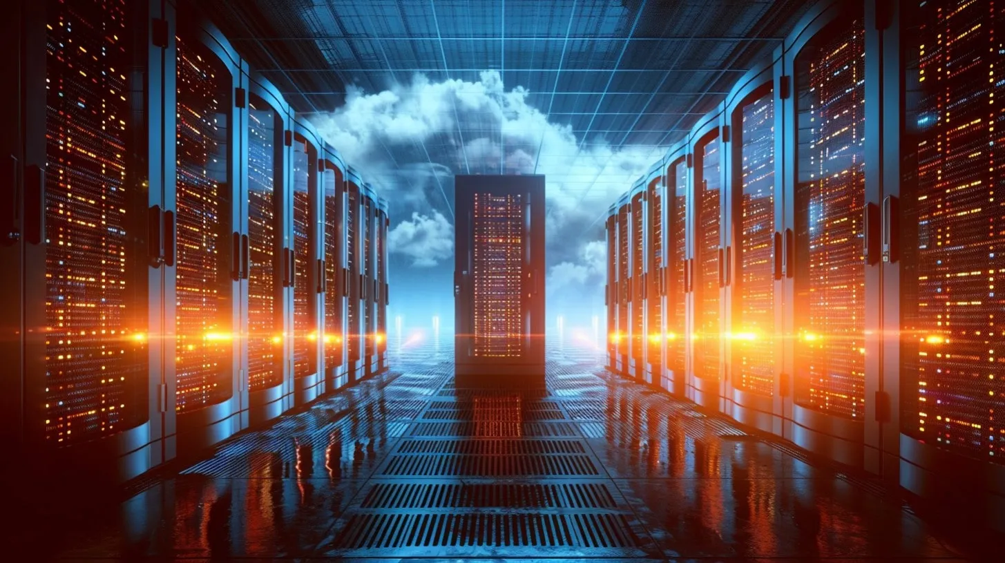 Los racks de servidores del centro de datos del sitio DR de recuperación ante desastres brillan con luces en la atmósfera de computación en la nube