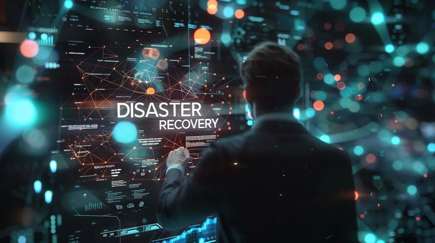 Hombre del equipo de recuperación de desastres vestido con traje interactúa con un mapa de organización de interfaz holográfica brillante