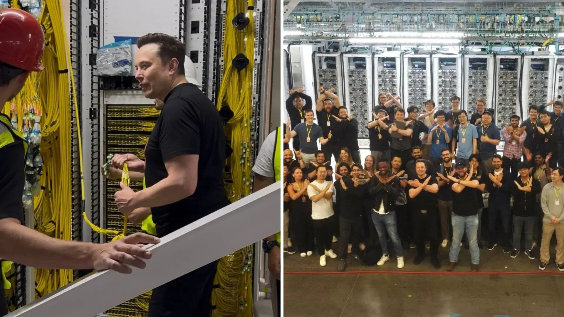 Equipo de Elon Musk y xAI trabajando dentro de la sala de servidores Supercluster de Memphis con infraestructura de cables amarillos
