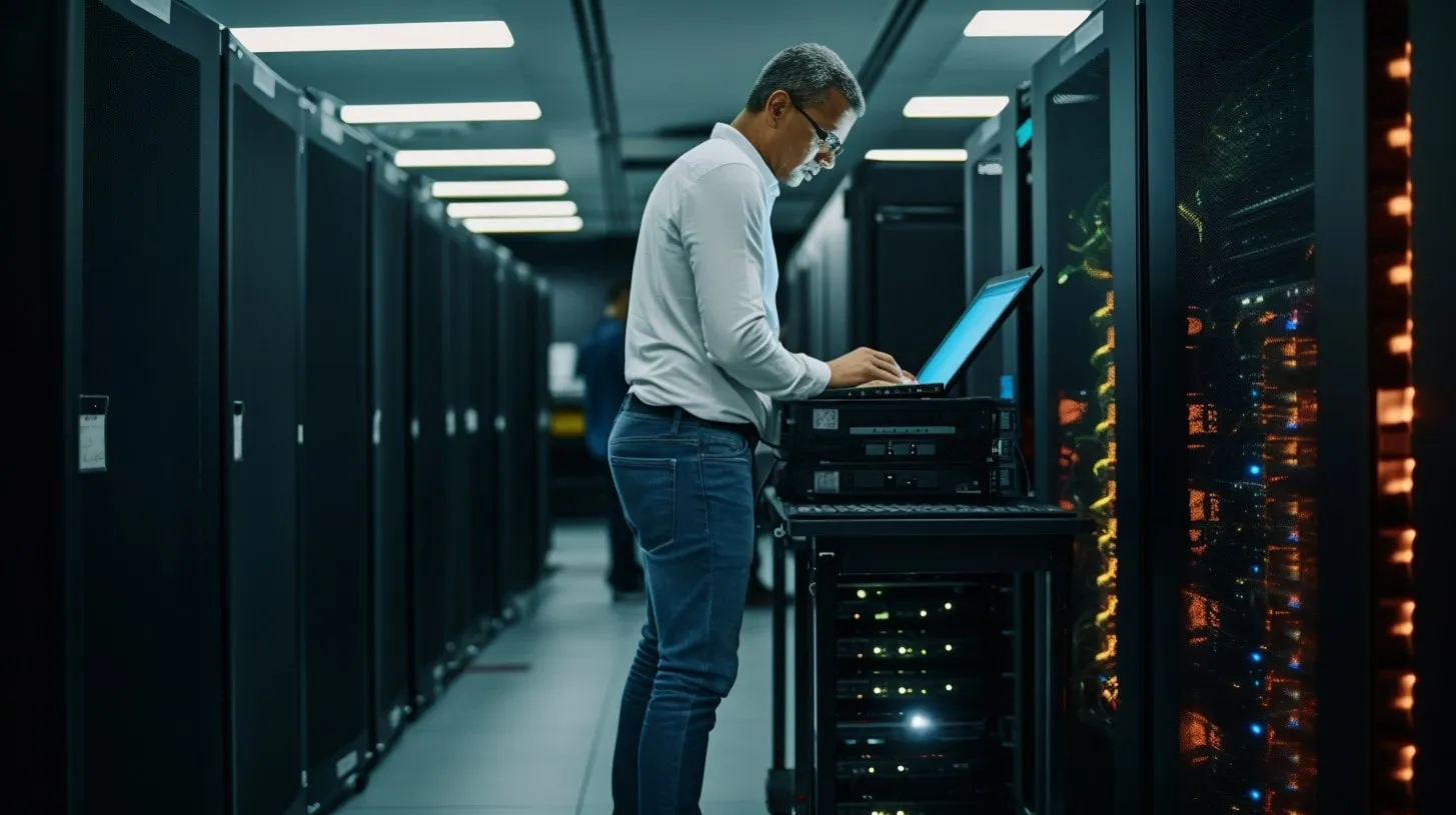 Ingeniero trabaja en una computadora portátil en salas de granja de servidores bien iluminadas