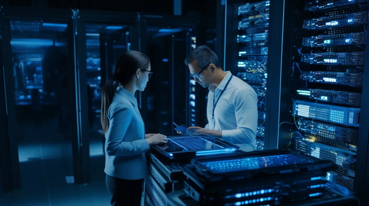 Dos ingenieros analizan hardware y software en entorno de centro de datos administrado