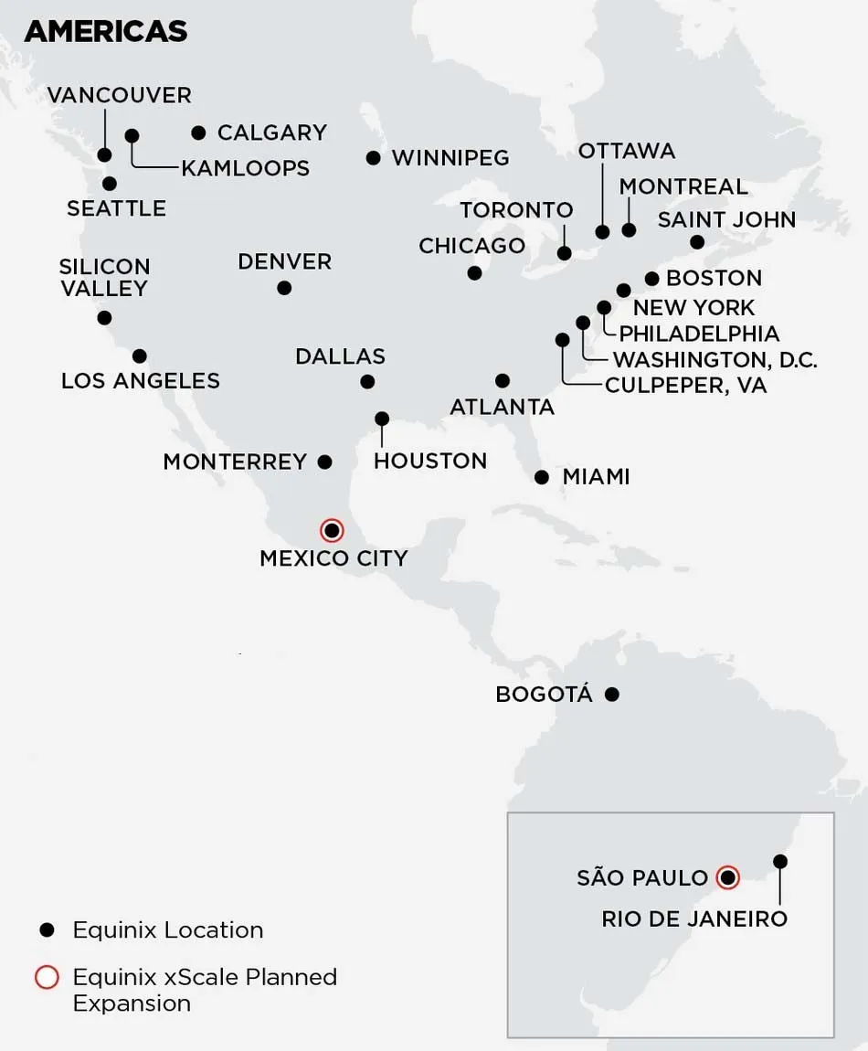 Mapa del Centro de Datos de Equinix Américas