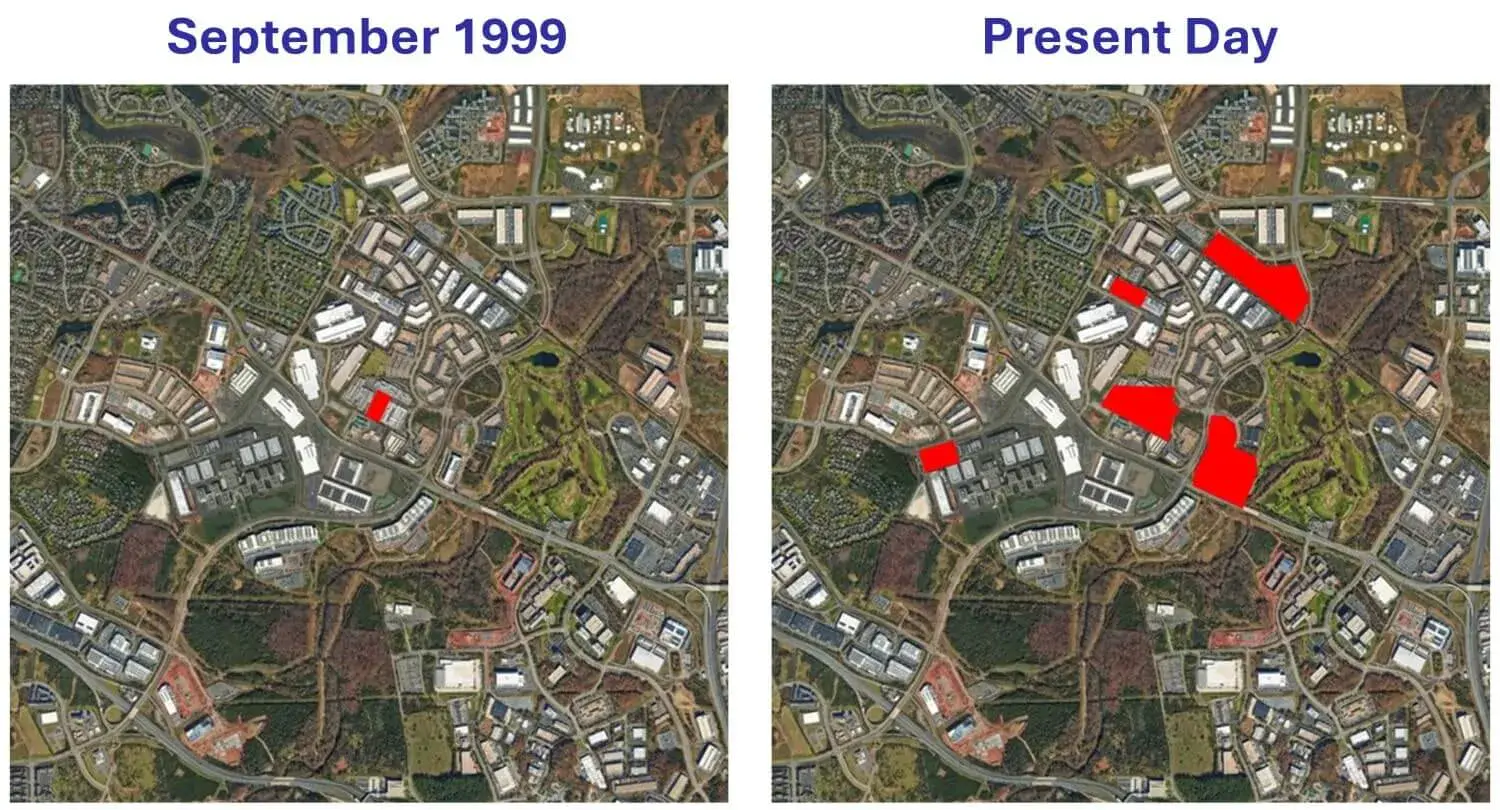 Campus del centro de datos de Equinix Ashburn comparado desde septiembre de 1999 hasta la actualidad