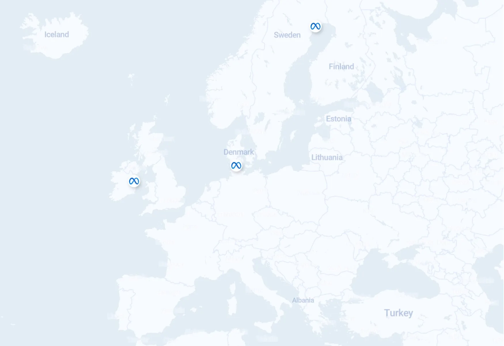 Mapa de ubicación de instalaciones del centro de datos de Europa
