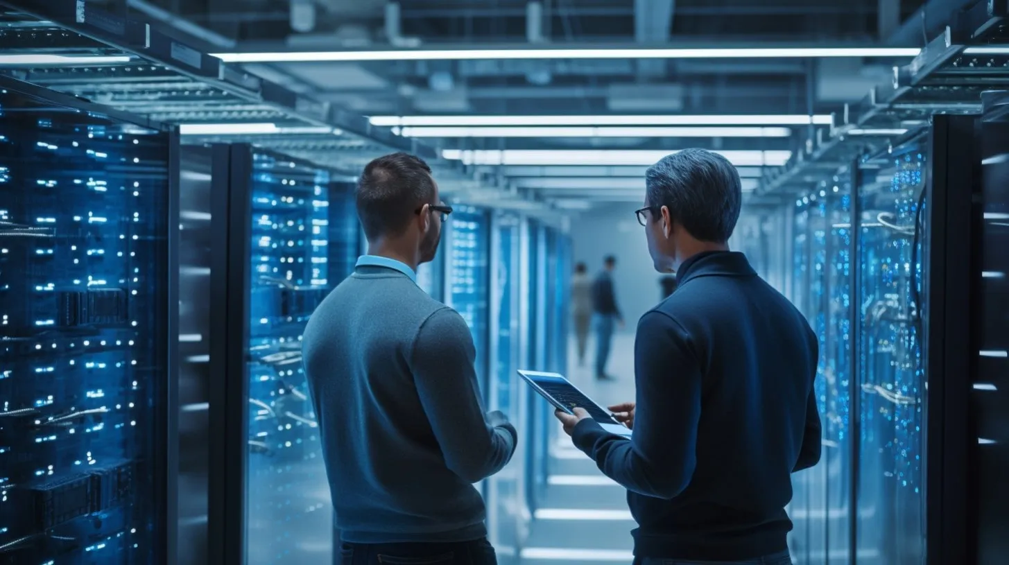 Migración de ejecución en sala de servidores grande examina entorno tecnológico